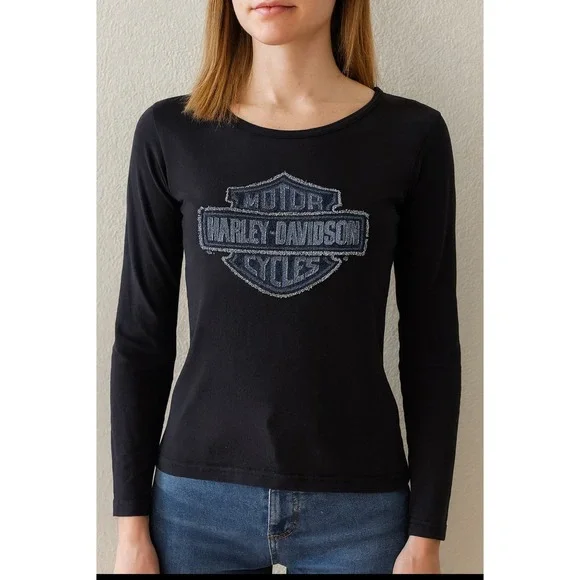 Harley Davidson Motor Cycles Long Sleeve T Shirt Womens Small Black - Picture 1 of 5